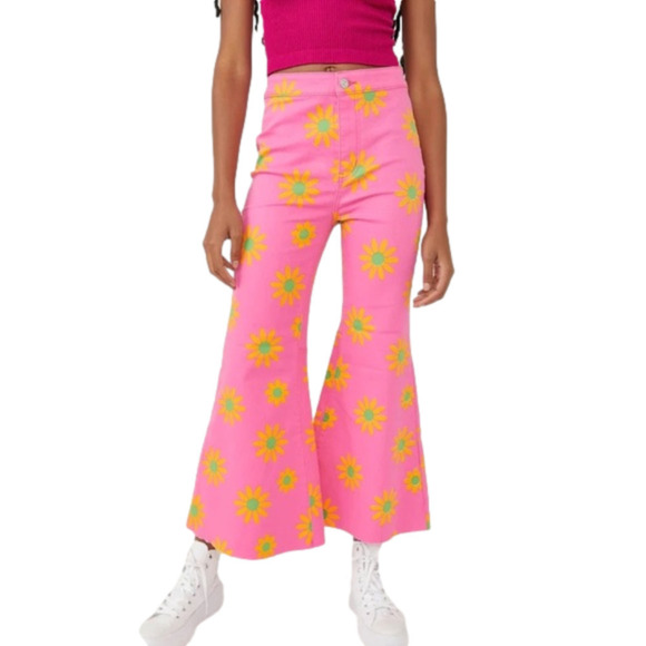 FREE People Youthquake printed cropped jeans pink size 27 NWT - Picture 1 of 5